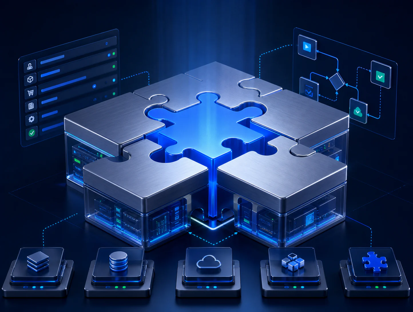Custom enterprise modules fitting together around a tailored workflow core